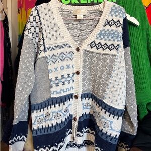 Patchwork V-Neck Button Cardigan Sweater - Blue/Gray Vintage - Wool/Cotton